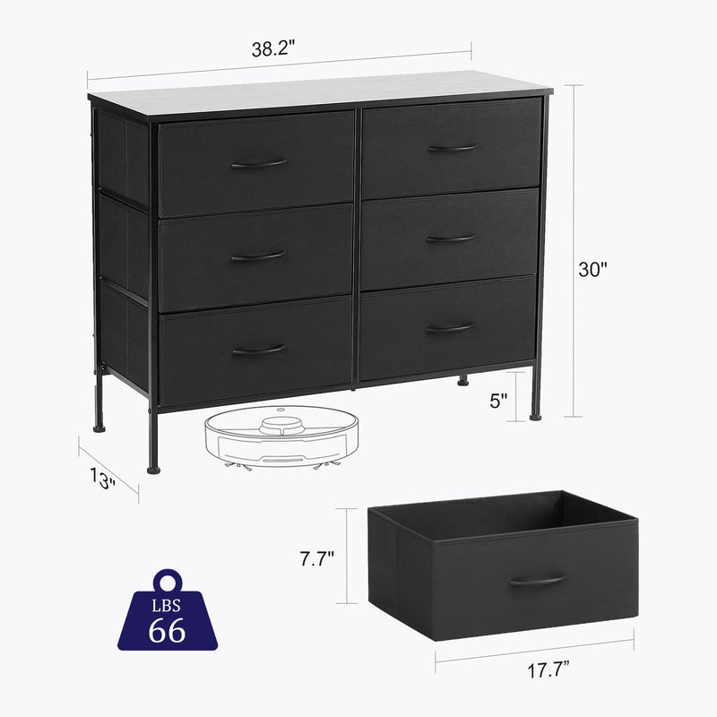 6 Drawer Dresser, Wide Chest of Drawers Nightstand Storage Tower Storage Dresser Fabric Dresser with Wood Top for Living Room, Bedroom, Hallway, Black - Puck's
