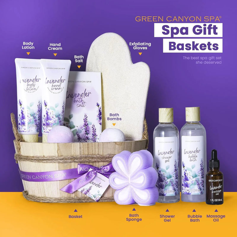 Bath Gift Sets for Women, 11Pcs Lavender Spa Baskets Gift Kits, Relaxing Birthday Mothers Day Gifts for Mom - Puck's