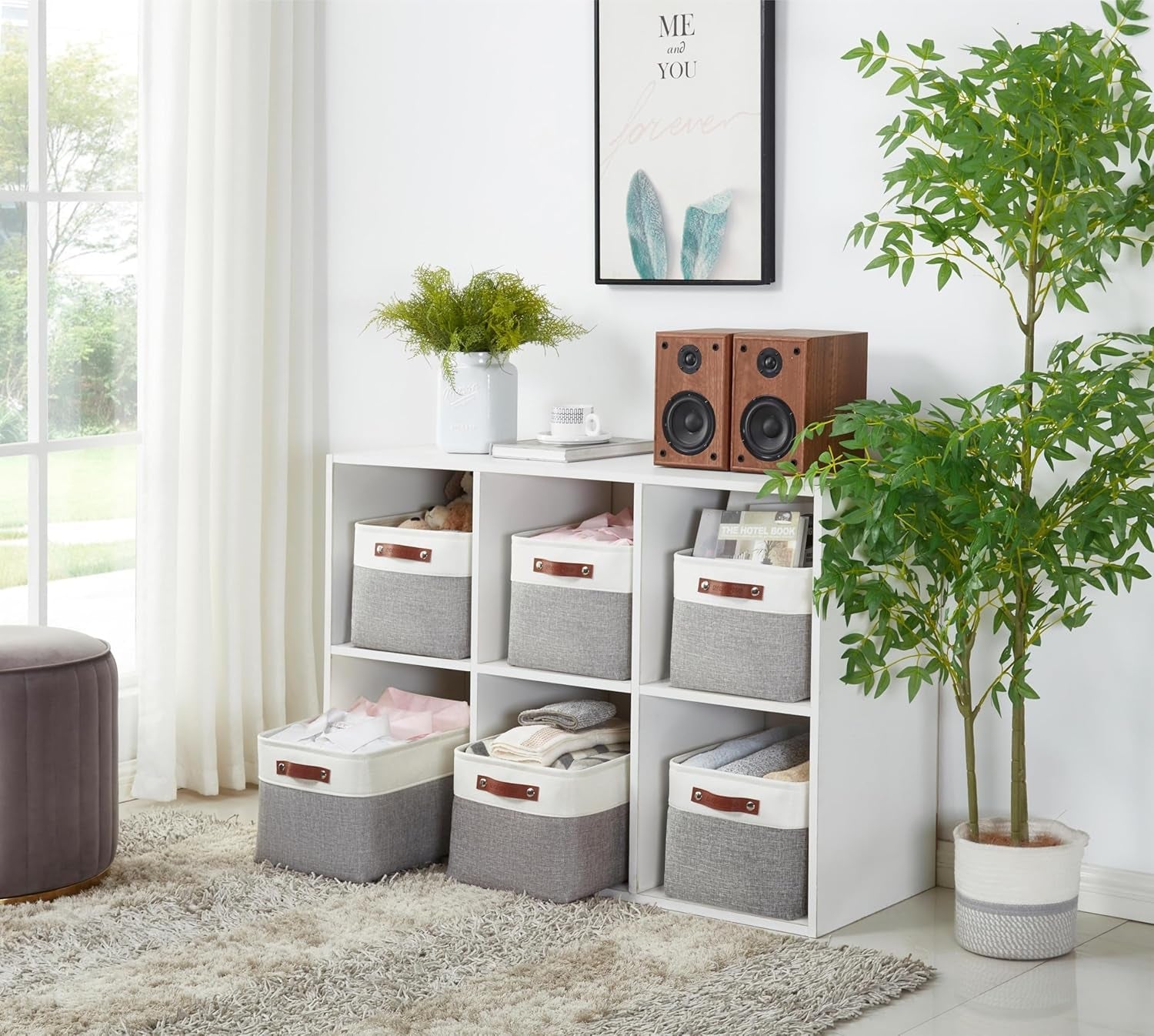 Storage Bins Fabric Storage Baskets for Shelves, Linen Closet Organization Toys Nursery (Grey and White, Large - 4 Pack) - Puck's