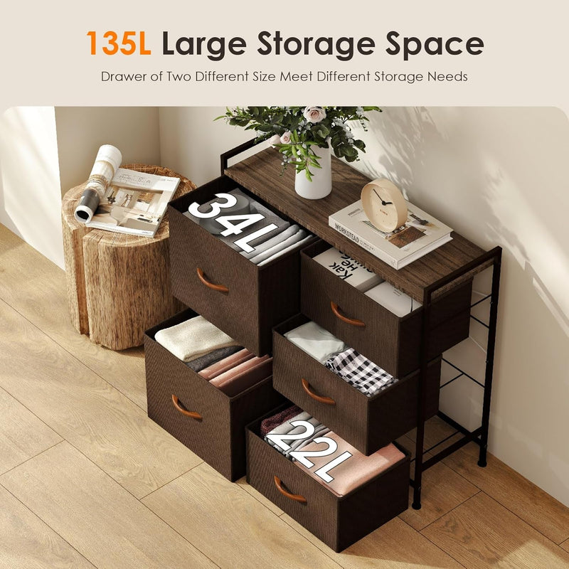 Dresser for Bedroom, Dresser for Closet with 5 Drawers, Small Fabric Dresser & Chests of Drawers for Kids Bedroom,Nursery, Living Room, Hallway (Brown) - Puck's