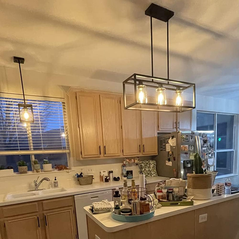 Kitchen Island Lighting 3 Lights Farmhouse Chandelier, Black Pendant Lighting with Clear Glass Shade, Dining Room Lighting Fixtures Hanging Rectangle Chandelier Lighting - Puck's