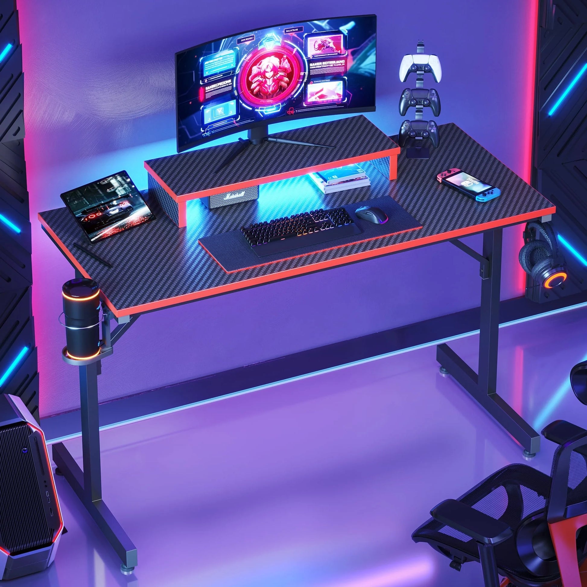 42" Gaming Desk PC Computer Office Gamer Table Desk with LED Lights & Monitor Stand in Red - Puck's