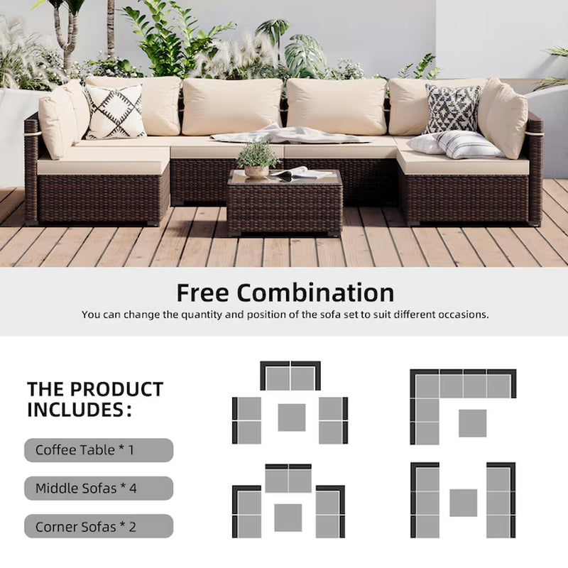 7 -Piece Rattan Patio Conversation Set with Beige Cushions - Puck's