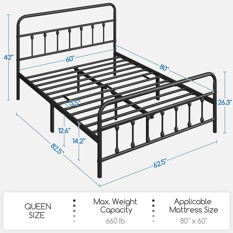 Classic Metal Platform Bed Frame Mattress Foundation with Victorian Style Iron-Art Headboard/Footboard/Under Bed Storage/No Box Spring Needed/Queen Size Black - Puck's