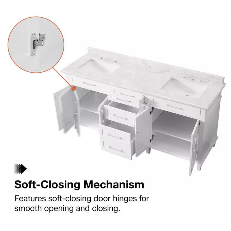 Sonoma 72 In. Double Sink White Bath Vanity with Carrara Marble Top (Assembled) - Puck's