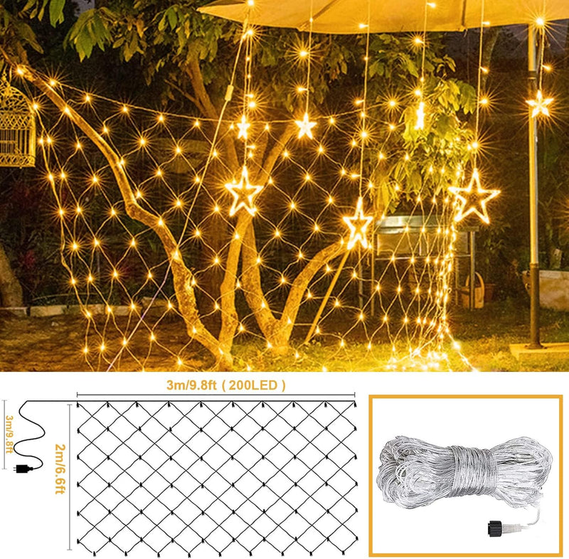 Net Lights Outdoor Mesh Lights, 200 LED 9.8Ft X 6.6Ft Christmas Net Lights Outdoor, 8 Modes Plug in Led Net Lights for Bushes Ceiling Hedge, Trees, Christmas Decoration (Warm White) - Puck's