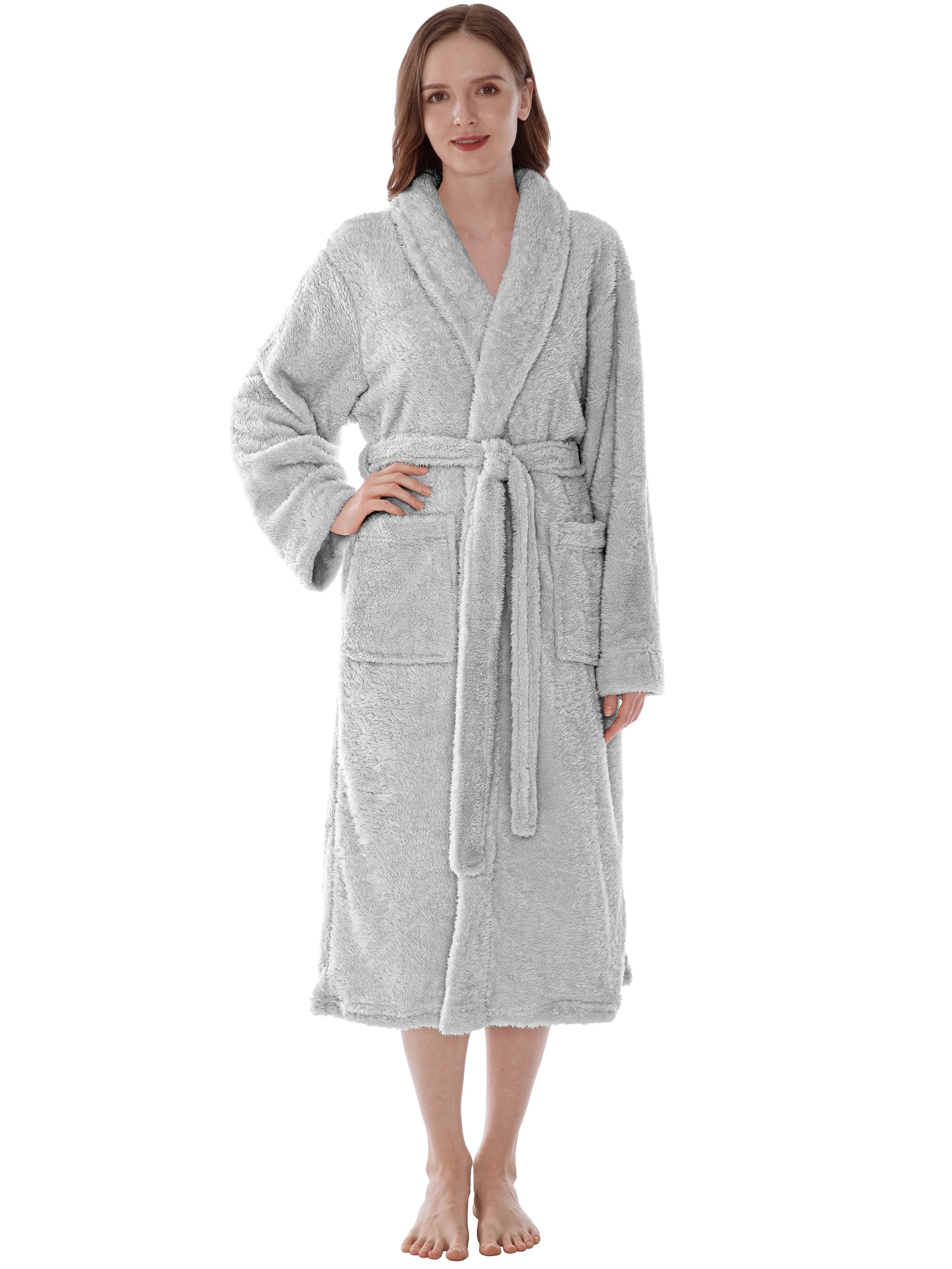 Premium Womens Plush Soft Robe Fluffy, Warm, Fleece Sherpa Shaggy Bathrobe (2XL/3XL, Light Gray)