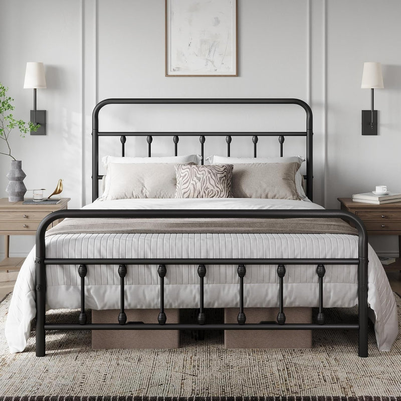 Classic Metal Platform Bed Frame Mattress Foundation with Victorian Style Iron-Art Headboard/Footboard/Under Bed Storage/No Box Spring Needed/Queen Size Black - Puck's