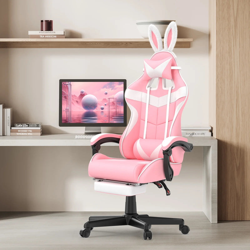 Pink Gaming Chair, Adult Game Gamer with Footrest & Massage Lumbar Pillow for Kid, Ergonomic High Back Office Chairs with Bunny Ear, Pink - Puck's