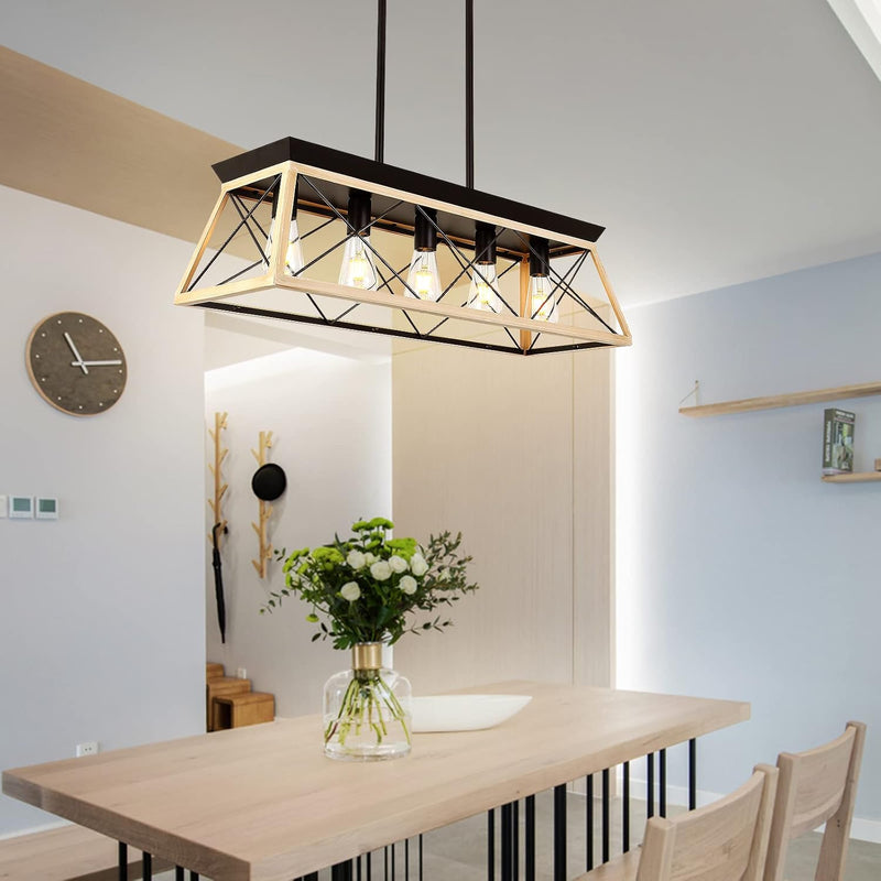 5-Light Kitchen Island Pendant Lighting, 31.5 Inch Farmhouse Chandelier,Rustic Linear Lighting Fixtures Ceiling, Dining Room Light Fixtures with White & Wood Painting - Puck's