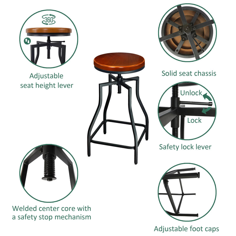 Industrial Adjustable Swivel Metal Kitchen Counter Stool with Wood Veneer Seat, Rustic Brown and Black, Set of 3 - Puck's