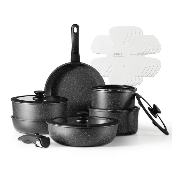 18 Pcs Nonstick Cookware Sets, Pots and Pans Set with Detachable Handle, Black - Puck's