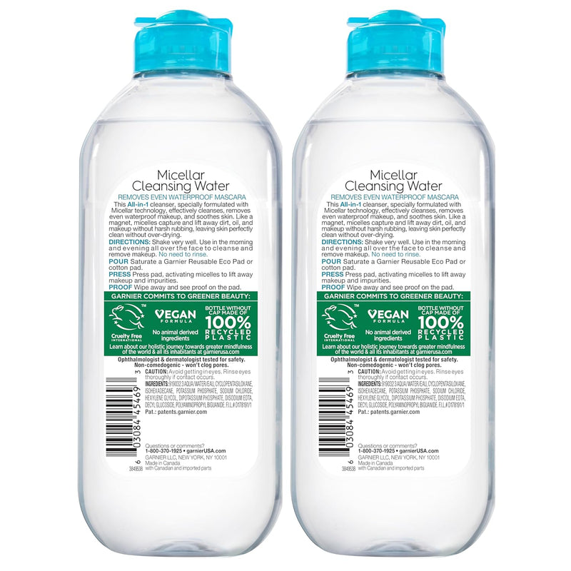 Micellar Water for Waterproof Makeup, Hydrating Facial Cleanser & Makeup Remover, Suitable for Sensitive Skin, Vegan, Cruelty Free, 13.5 Fl Oz (400Ml), 2 Count - Puck's