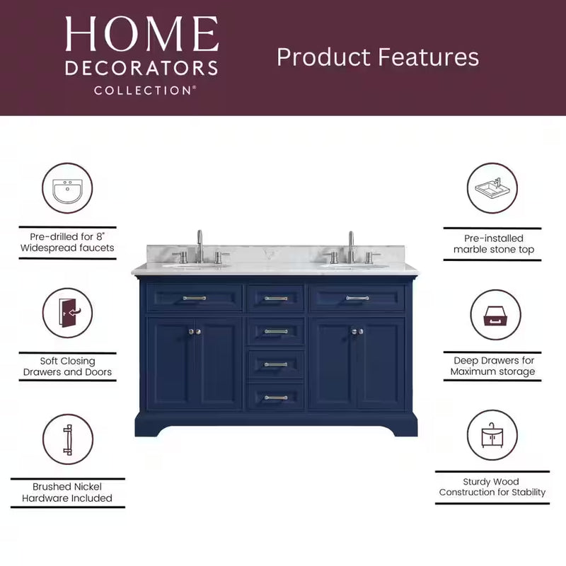 Windlowe 61 In. W Double Sink Green Bath Vanity with White Carrara Marble Top (Assembled) - Puck's