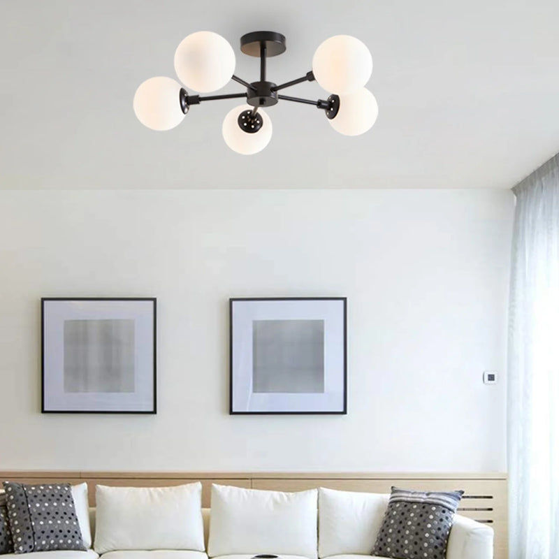 26" Architectural 5-Globe Ceiling Light, Black Finish Frosted Glass Shades - Puck's