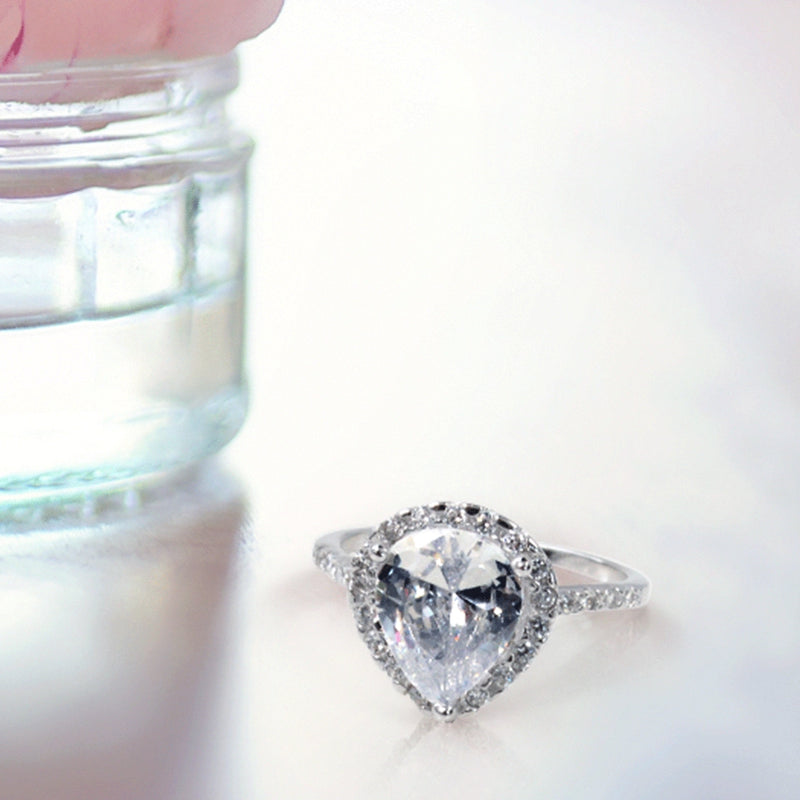 Womens 7CT Pear Shaped Halo Solitaire Engagement Ring, Sterling Silver CZ Pave Band - Puck's