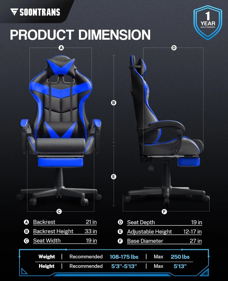 Blue Gaming Chair with Footrest, Office Chair with Massage Lumbar Support & Adjustable Headrest, High Back Comuputer Chair, Ergonomic Game Gamer Chair for Adults Kids, Blue - Puck's