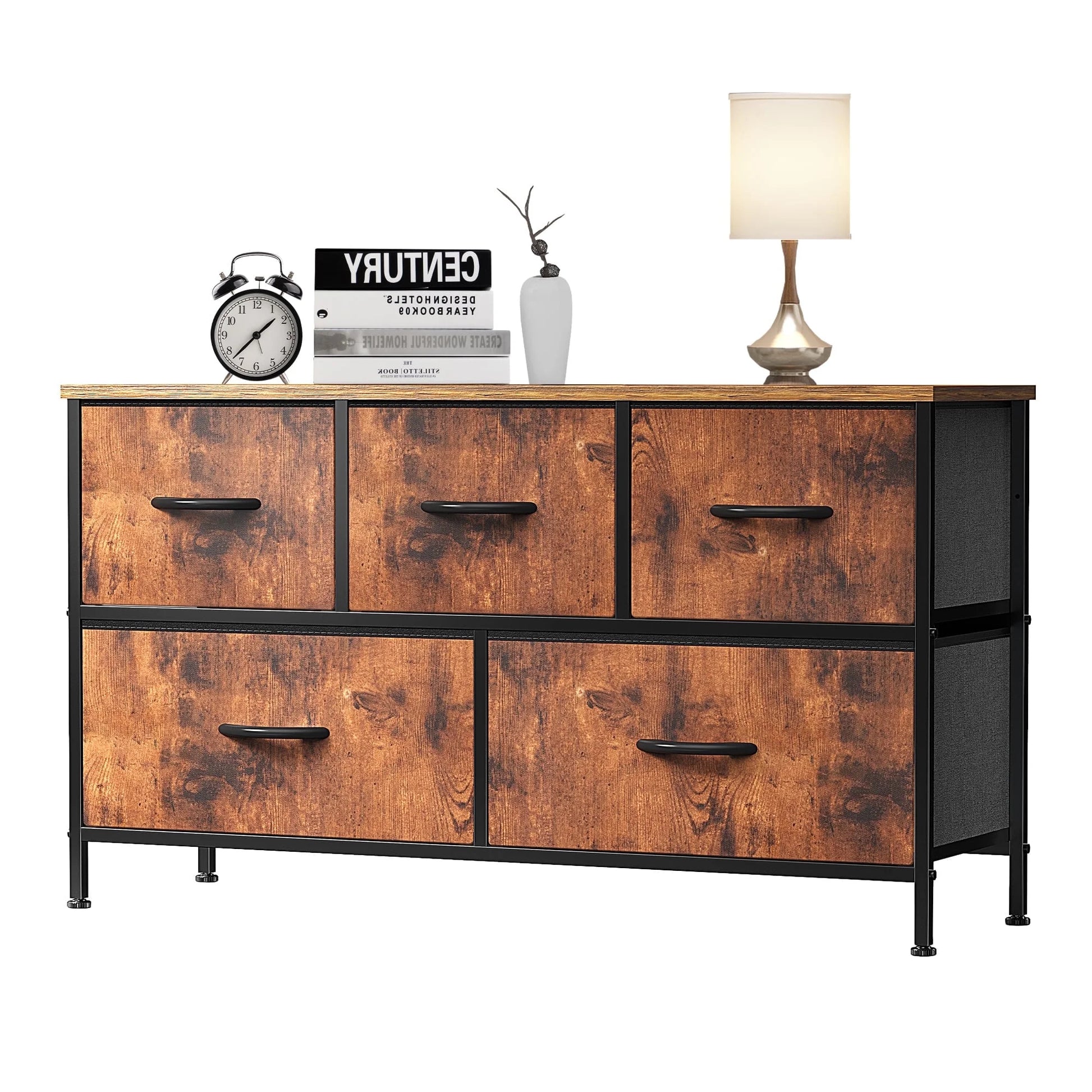 5 Drawer Dresser, Wide Chest of Drawers Nightstand Storage Tower Storage Dresser Fabric Dresser with Wood Top for Living Room, Bedroom, Hallway, Rustic Brown - Puck's