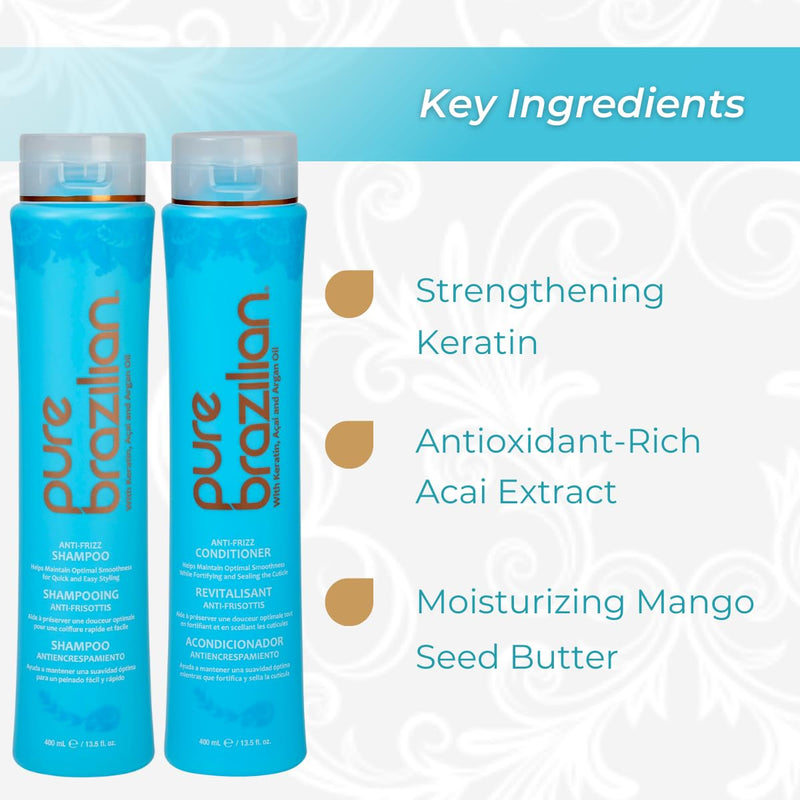 Anti-Frizz Daily Shampoo & Conditioner, Salt-Free & Color Safe, Enriched with Keratin, Argan Oil & Acai, 13.5 Ounce (400 Milliliter) - Puck's