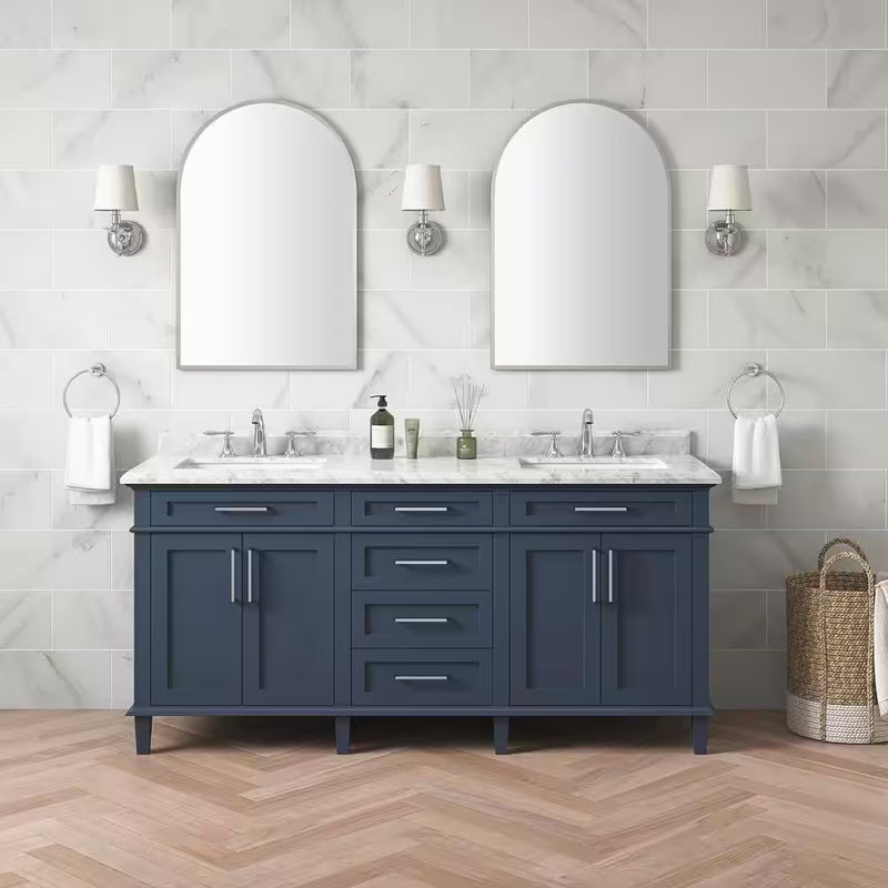 Sonoma 72 In. Dubbele Wastafel Midnight Blue Badmeubel met Carrara Marmeren Bovenblad (Gemonteerd) - Puck's
