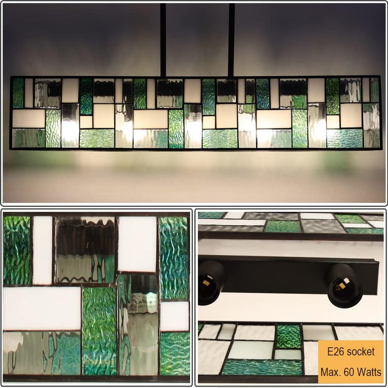 Tiffany Pendant Light Fixtures Pool Table Lights Hanging Chandelier 5 Light Rectangle Green Stained Glass Pendant Lamp for Dining Room Kitchen Island and Bars - Puck's