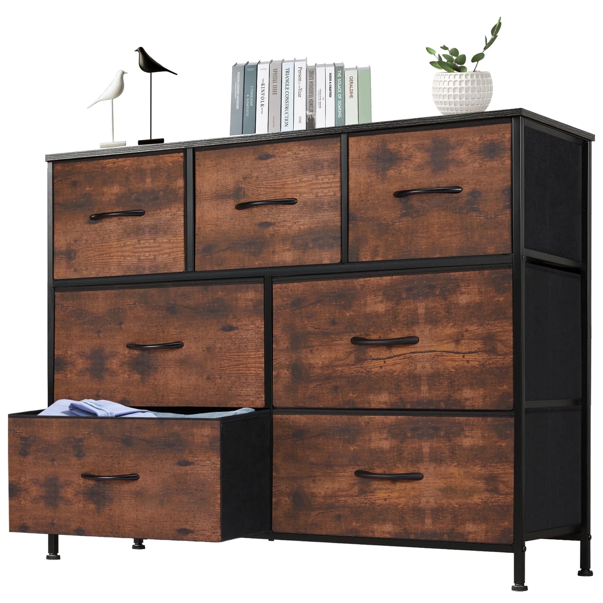 7 Drawer Dresser, Wide Chest of Drawers Nightstand Storage Tower Storage Dresser Fabric Dresser for Living Room, Bedroom, Hallway, Rustic Brown - Puck's