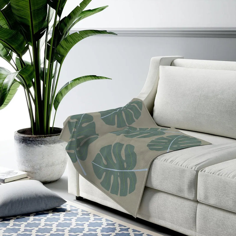 Abstract Leaves Green Plush Blanket Throw - Puck's