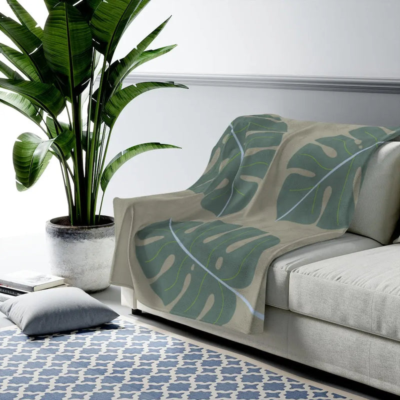 Abstract Leaves Green Plush Blanket Throw - Puck's