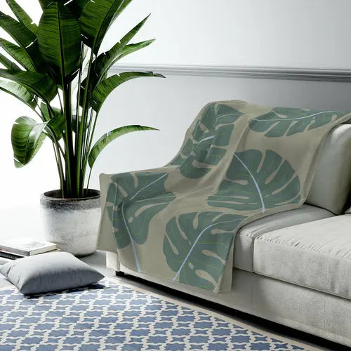 Abstract Leaves Green Plush Blanket Throw - Puck's