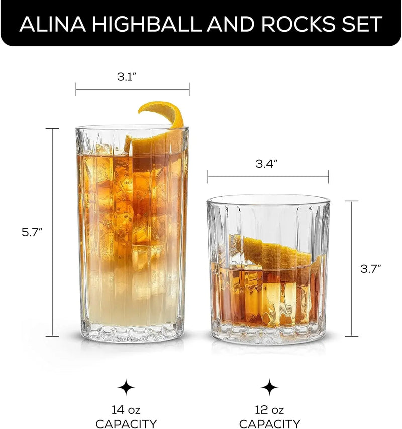 Alina Clear Ribbed Glass Drinking Glass Set, Highball Glasses and Tumbler Glasses - Set of 8 - Puck's