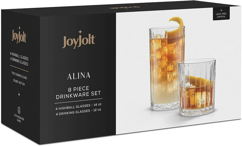 Alina Clear Ribbed Glass Drinking Glass Set, Highball Glasses and Tumbler Glasses - Set of 8 - Puck's