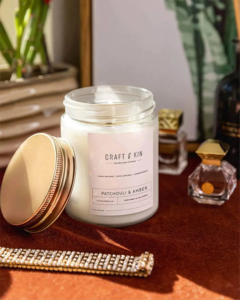 Aromatherapy Soy Scented Candles - Patchouli & Amber (8 Oz) - Puck's