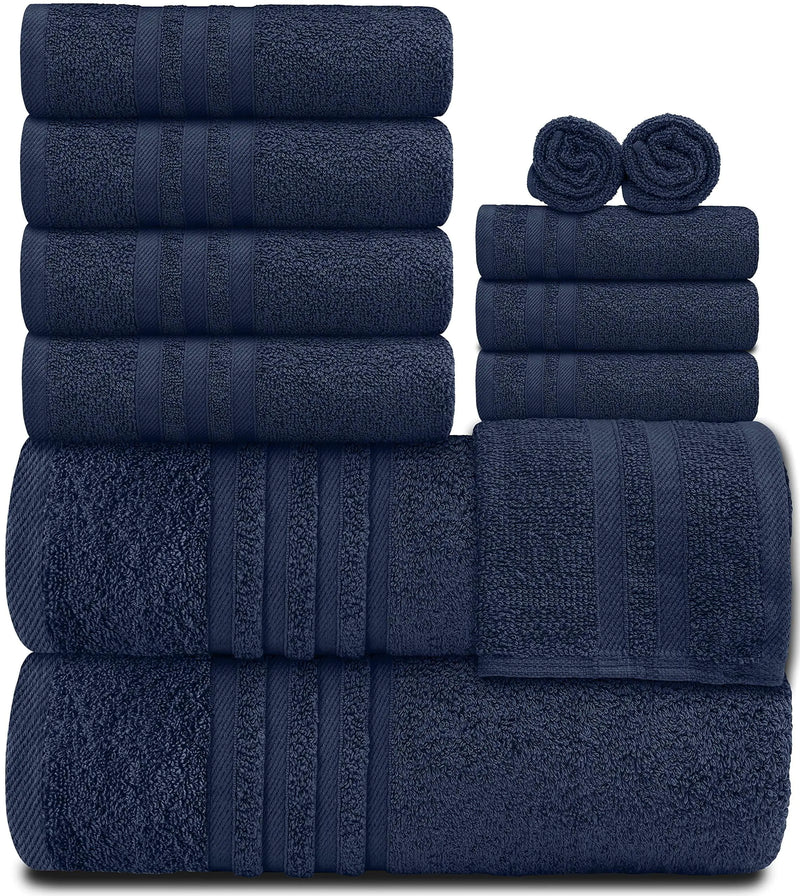 12 Pcs Bath Towel Set for Bathroom Wealuxe Collection 100% Cotton Soft Navy Blue - Puck's
