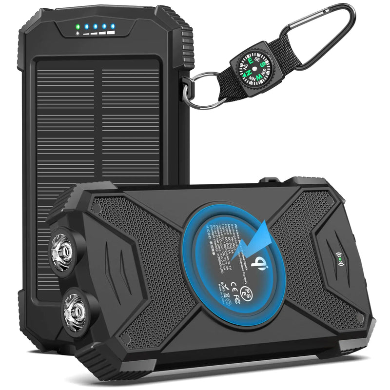 BLAVOR Solar Charger Power Bank 10,000mAh, Portable Wireless Charger, 20W Fast Charging External Battery Pack with USB C for Cell Phones, Solar Panel Charger with Dual Flashlight for Camping - Puck's