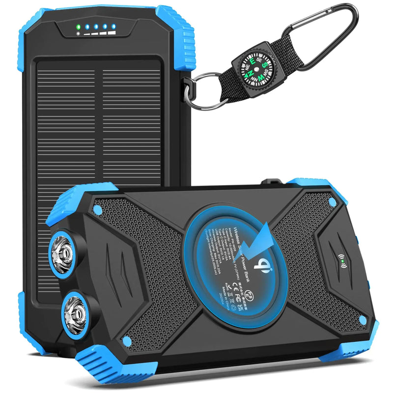 BLAVOR Solar Charger Power Bank 10,000mAh, Portable Wireless Charger, 20W Fast Charging External Battery Pack with USB C for Cell Phones, Solar Panel Charger with Dual Flashlight for Camping - Puck's