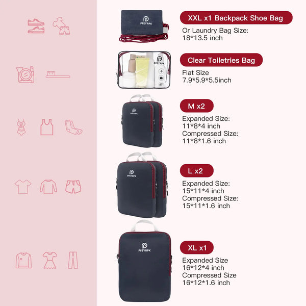 Lightweight Compression Packing Cubes for Suitcases, Compressible Expandable Travel Packing Organizer with Clear Toiletries and Backpack Bag, Travel Essentials for Carry on Luggage 7 Set Black/brownish Red - Puck's