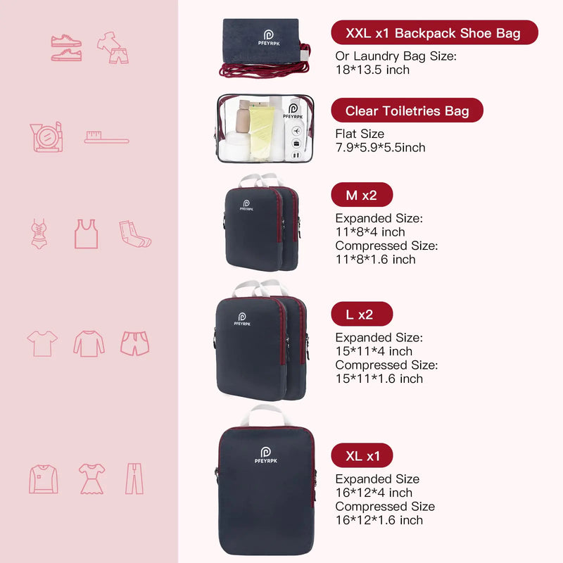 Lightweight Compression Packing Cubes for Suitcases, Compressible Expandable Travel Packing Organizer with Clear Toiletries and Backpack Bag, Travel Essentials for Carry on Luggage 7 Set Black/brownish Red - Puck's
