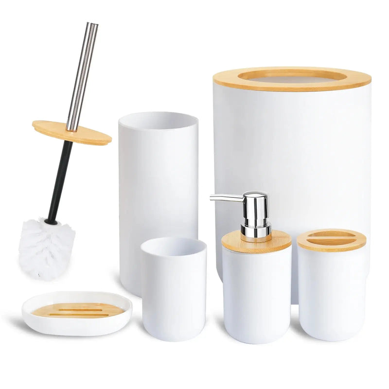 Bamboo Bathroom Accessory Set, 6 Pieces Bath Set- Soap Dish Toothbrush Holder Rinse Cup Lotion Bottle Trash Can Toilet Brush - Practical Toilet Kit for Home Washing Room，White - Puck's