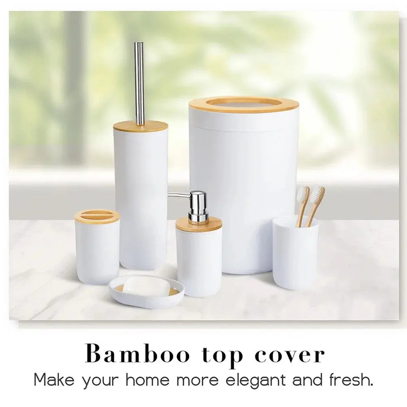 Bamboo Bathroom Accessory Set, 6 Pieces Bath Set- Soap Dish Toothbrush Holder Rinse Cup Lotion Bottle Trash Can Toilet Brush - Practical Toilet Kit for Home Washing Room，White - Puck's