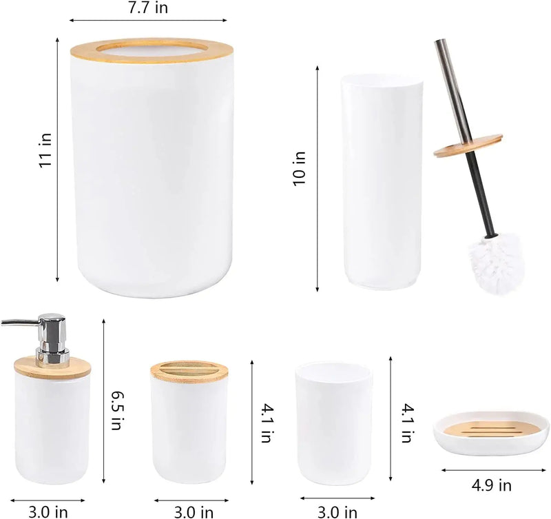 Bamboo Bathroom Accessory Set, 6 Pieces Bath Set- Soap Dish Toothbrush Holder Rinse Cup Lotion Bottle Trash Can Toilet Brush - Practical Toilet Kit for Home Washing Room，White - Puck's