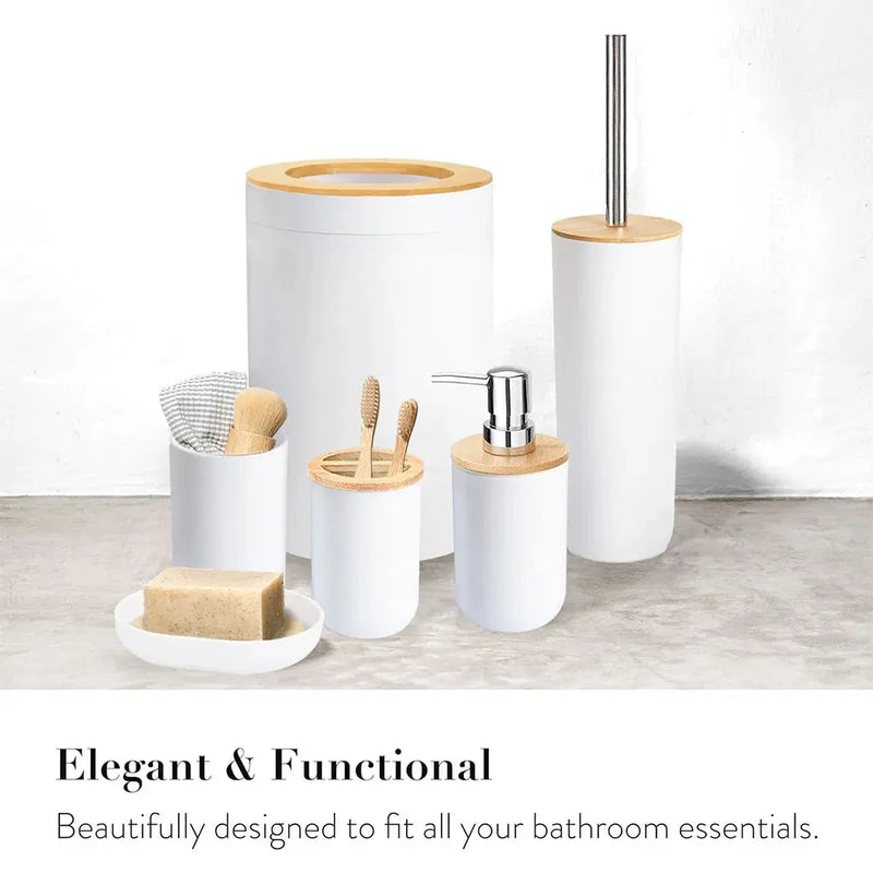 Bamboo Bathroom Accessory Set, 6 Pieces Bath Set- Soap Dish Toothbrush Holder Rinse Cup Lotion Bottle Trash Can Toilet Brush - Practical Toilet Kit for Home Washing Room，White - Puck's