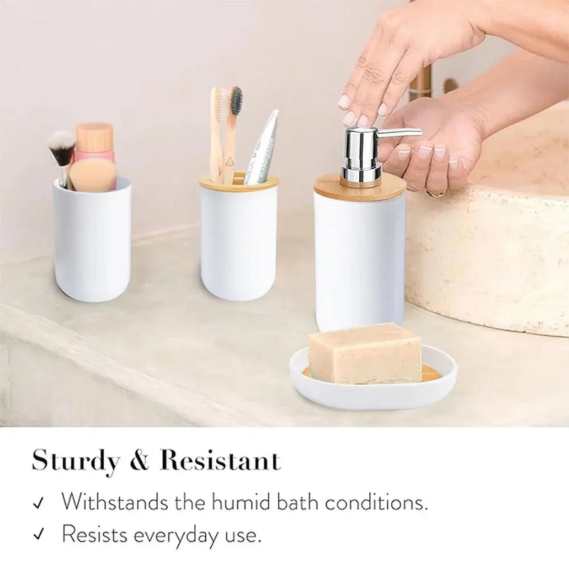 Bamboo Bathroom Accessory Set, 6 Pieces Bath Set- Soap Dish Toothbrush Holder Rinse Cup Lotion Bottle Trash Can Toilet Brush - Practical Toilet Kit for Home Washing Room，White - Puck's
