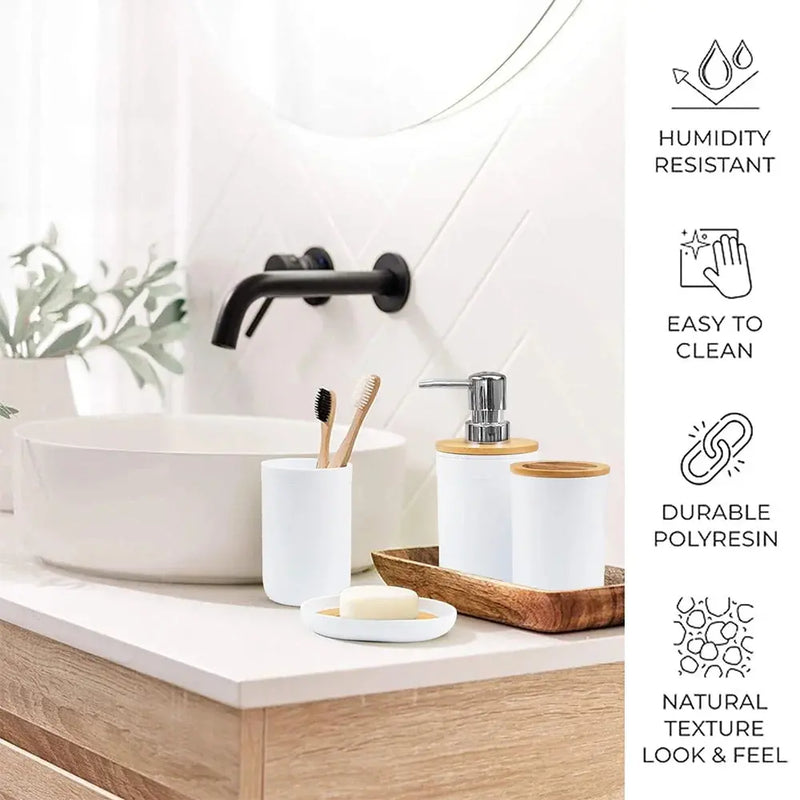 Bamboo Bathroom Accessory Set, 6 Pieces Bath Set- Soap Dish Toothbrush Holder Rinse Cup Lotion Bottle Trash Can Toilet Brush - Practical Toilet Kit for Home Washing Room，White - Puck's