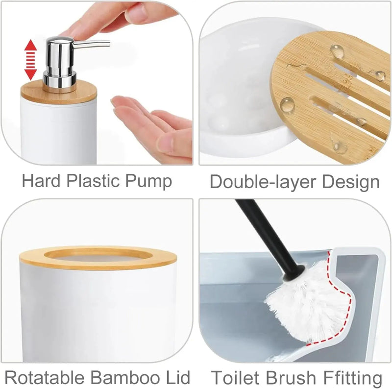 Bamboo Bathroom Accessory Set, 6 Pieces Bath Set- Soap Dish Toothbrush Holder Rinse Cup Lotion Bottle Trash Can Toilet Brush - Practical Toilet Kit for Home Washing Room，White - Puck's