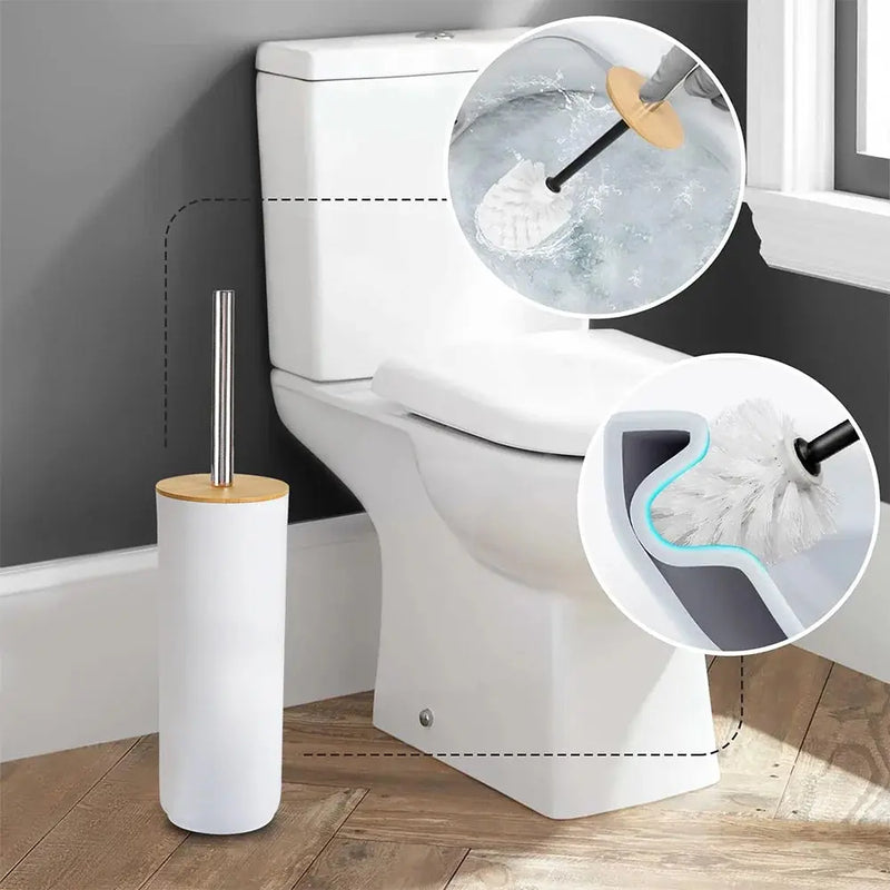 Bamboo Bathroom Accessory Set, 6 Pieces Bath Set- Soap Dish Toothbrush Holder Rinse Cup Lotion Bottle Trash Can Toilet Brush - Practical Toilet Kit for Home Washing Room，White - Puck's