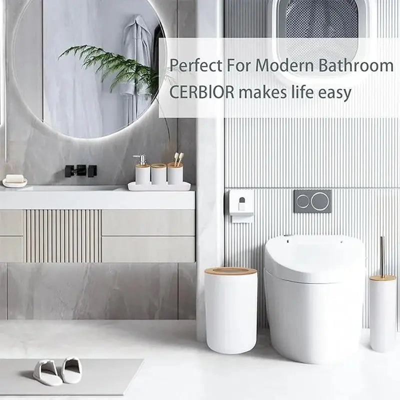 Bamboo Bathroom Accessory Set, 6 Pieces Bath Set- Soap Dish Toothbrush Holder Rinse Cup Lotion Bottle Trash Can Toilet Brush - Practical Toilet Kit for Home Washing Room，White - Puck's