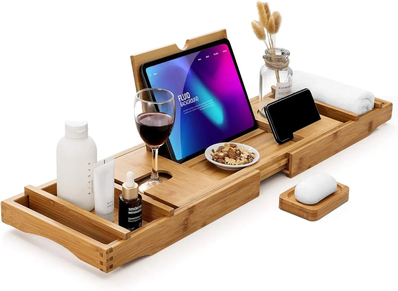 Bamboo Bathtub Caddy Tray with Extending Sides, Cellphone Tray and Wineglass Holder，Free Soap Holder - Puck's