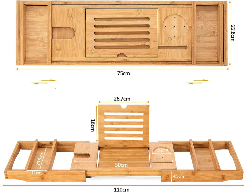 Bamboo Bathtub Caddy Tray with Extending Sides, Cellphone Tray and Wineglass Holder，Free Soap Holder - Puck's
