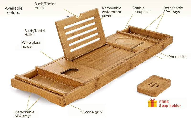 Bamboo Bathtub Caddy Tray with Extending Sides, Cellphone Tray and Wineglass Holder，Free Soap Holder - Puck's