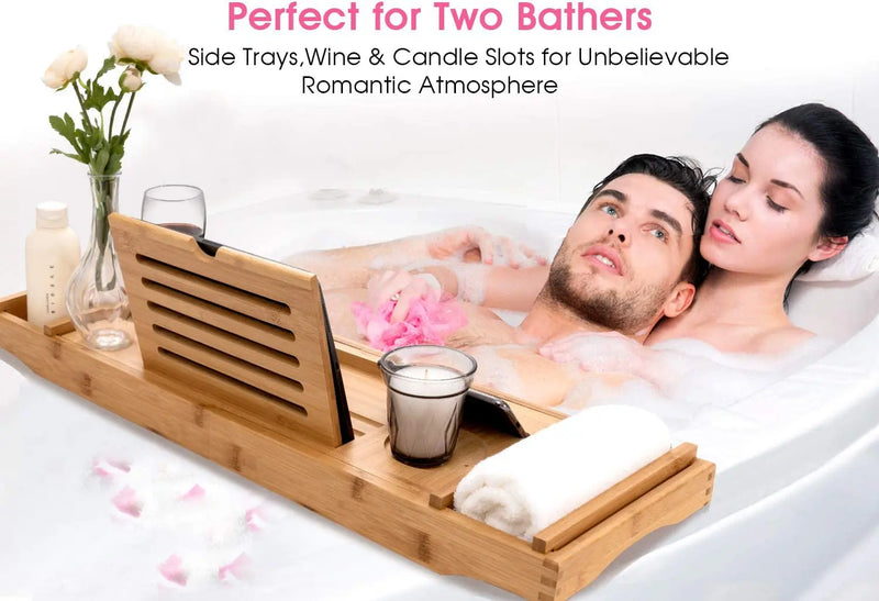Bamboo Bathtub Caddy Tray with Extending Sides, Cellphone Tray and Wineglass Holder，Free Soap Holder - Puck's